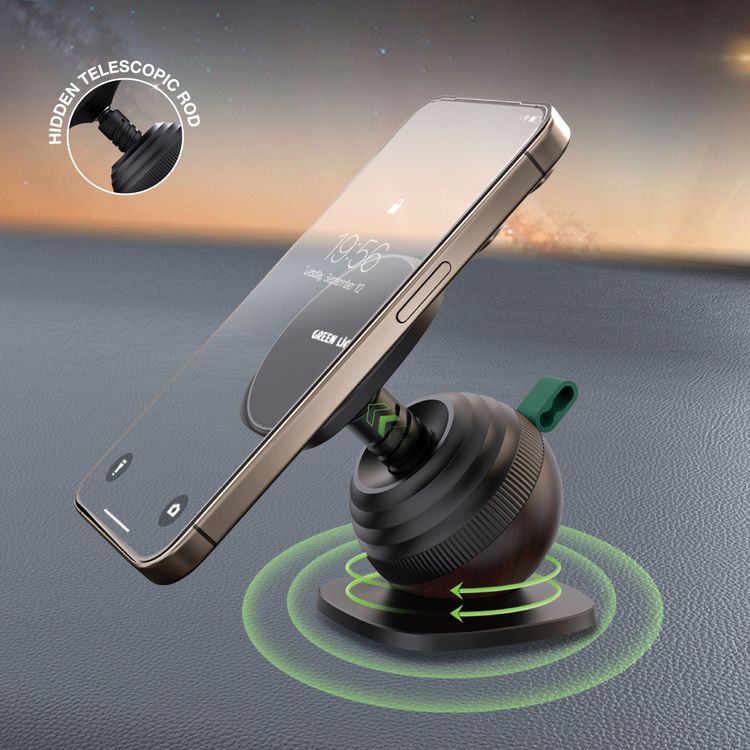 Green Lion Snail Mount Car Phone Holder, MagSafe Compatible, N52 x17 Strong Magnets for Secure Grip, Twist-Lock Telescopic Design with Hidden Rod, 360° Rotating Base, Extendable Height, Dual-Axis Rotation, One-Handed Operation, Flexible Viewing Angle, Lightweight (128g) And Compact - Black