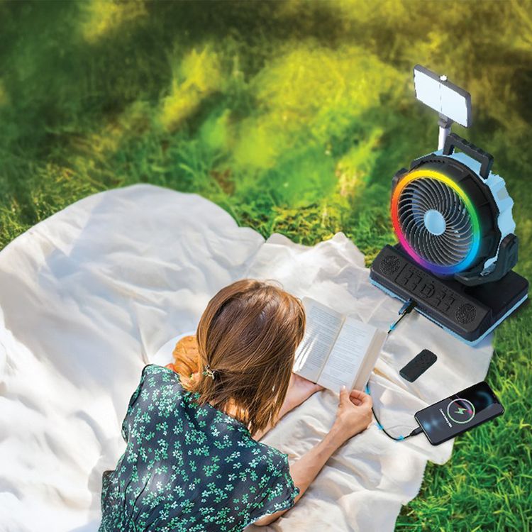 Powerology Ventopower Outdoor 40K Oscillating Fan with 6 Speed Levels, High Capacity Battery, Timer, Dynamic Mood Lighting, TF Card Playback, Oscillating Fan Head - Black