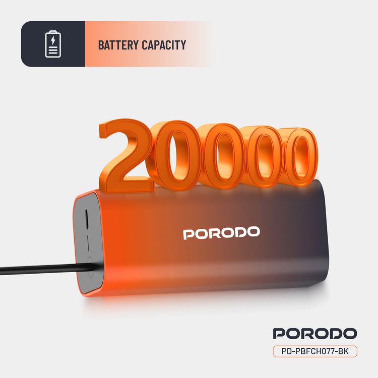 Porodo PB077 20000mAh Power Bank with  Integrated Type-C Cable, PD 20W, Type-C Ports, Portable Design, Fast Charge Support - Black
