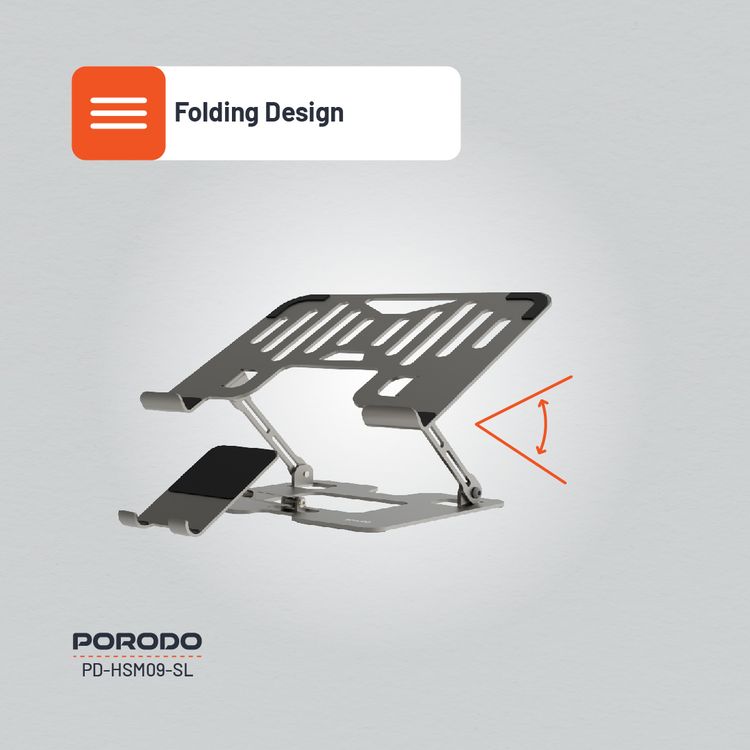 Porodo Smart Folding Multi-Device Stand with Phone Holder, Carbon Steel & Silicone Rubber Material, 10-17" Devices Compatible, Adjustable Height & Angle, Folding Design, Non-Slip & Secure - Silver