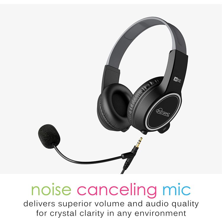 MEE Audio KidJamz Kids Headphone with Built-In Boom Microphone & Volume-Limiting Technology, 85dB, Tangle-resistant Cable, Adjustable & Flexible Headband, Noise-Cancelling - Black