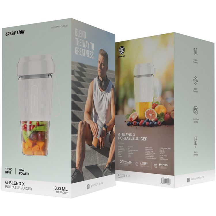 Green Lion G-Blend X Portable Juicer with 300mL Capacity, 1500mAh Battery Capacity, PC Jar Material, Stainless Steel Blade Material, Type-C Charging Port, 3-4 Hours Charging Time - White