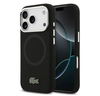 غطاء سيليكون مغناطيسي MagSafe من Lacoste مع شعار معدني لهاتف iPhone 17 Pro Max، حماية من السقوط، تغليف مستدام، تصميم نحيف، سهل التركيب - أسود
