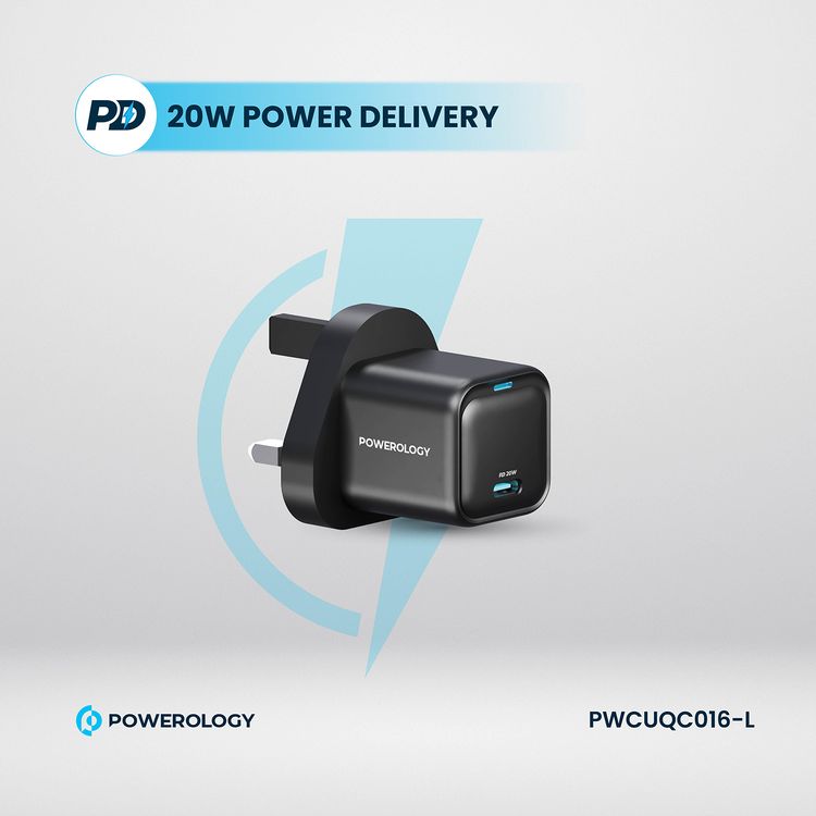 Powerology Ultra-Compact GaN Charger with USB-C to Lightning Braided Cable, 20W Power Delivery, Lightweight & Compact Design - Black