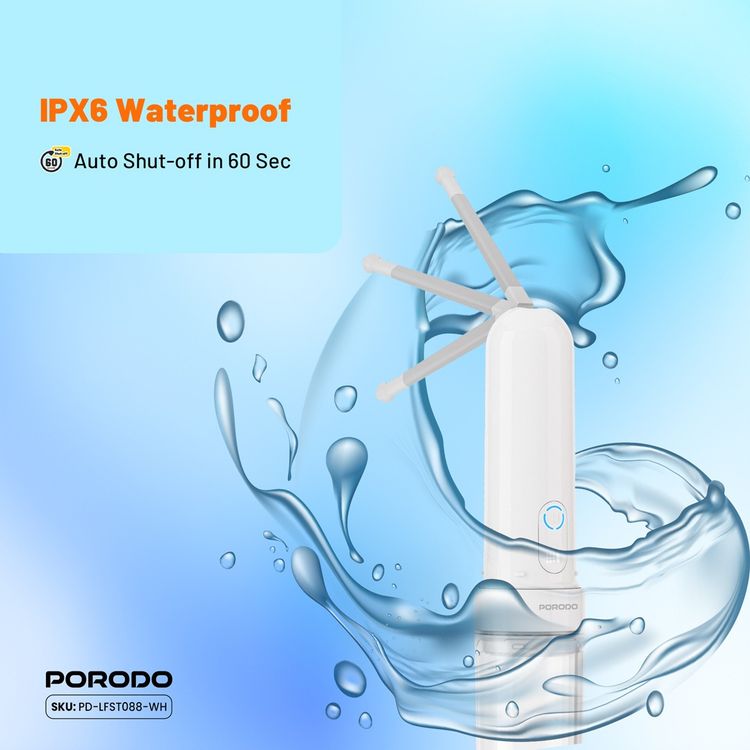 Porodo Lifestyle Electric Travel Bidet with 3 Spray Modes, Smart Memory Recall, Water Bottle Adapter, 180mL Water Reservoir, Waterproof - White 