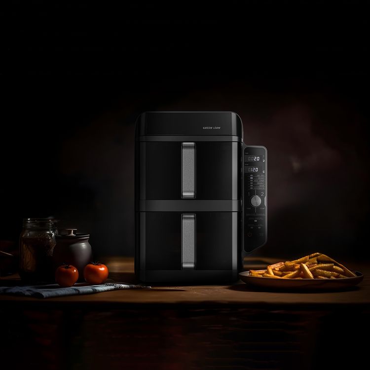 Green Lion Double-Decker Pro Digital Air Fryer with 2× 5.6L Capacity, 6 Preset Programs, 2400W Power, PP + Aluminum + ABS & PC Material, 0-60 Minutes Frying Time, Up to 230°C Temperature, BS Plug 90cm Power Cord, LED Touch Display - Black