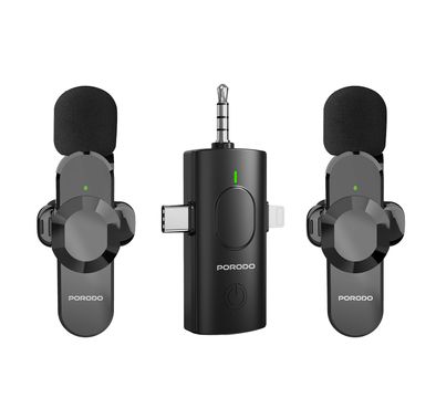 Porodo Lifestyle Audix Elite 3-in-1 Lavalier Microphone Set with USB-C, Lightning & 3.5mm AUX Connectors, Up to 3 Hours Working Time, Crystal Clear Audio, 100mAh Reciever & 40mAh Microphone Battery, Low Latency, Auto Pairing Technology, Instant Wireless Setup - Black
