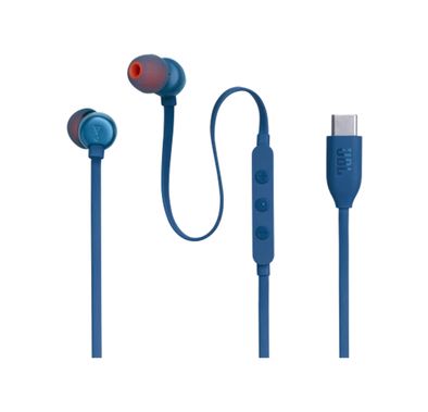 JBL T310C USB-C Wired Earphones, High Resolution Audio, Tangle-Free Flat Cable, Digital to Analog Converter, Compatible with PCs/Mobiles/Gaming Consoles, Pure Bass Sound - Blue