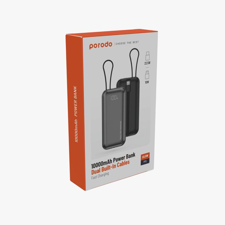 بنك الطاقة Porodo 10,000 مللي أمبير في الساعة - كابلات مزدوجة مدمجة من النوع C وLightning، مخرج PD 22.5 وات كحد أقصى، شحن سريع من 0 إلى 60% في 30 دقيقة، شاشة رقمية، متوافق مع iPhone 15/14، Samsung S24/S23، Huawei وiPad وAirPods والمزيد - أسود