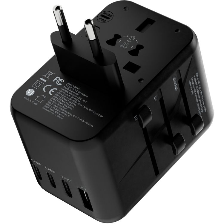 Powerology Universal Multi-Port Travel Adapter with 65W Power Delivery, Dual 10A Fuses, 12W USB-A Output, Laptop Charging Compatibility, Universal Plugs - Gray