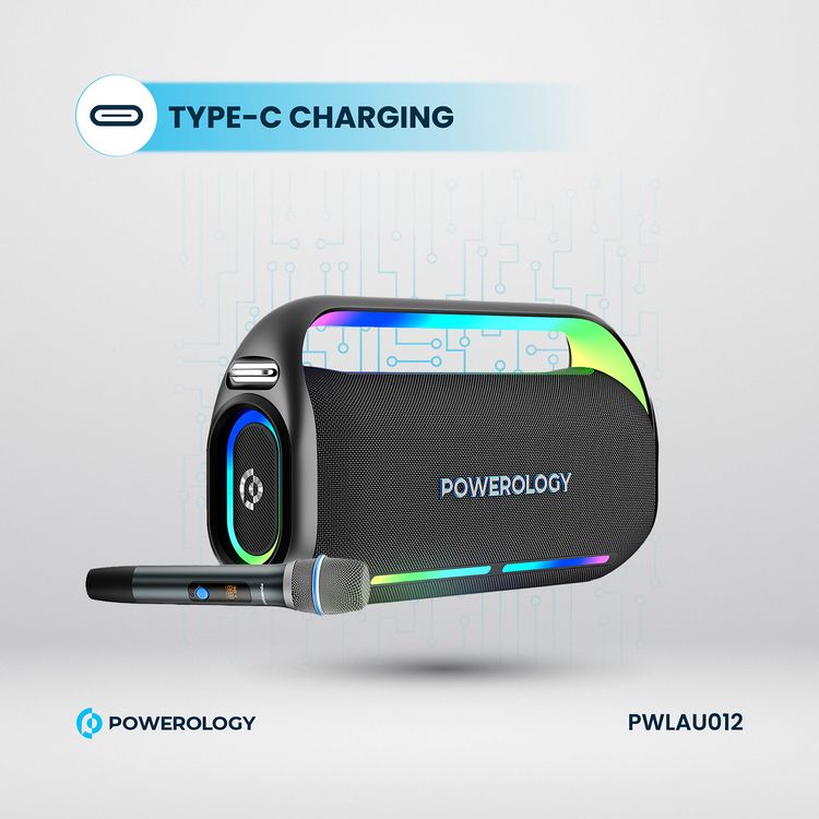 Powerology TWS Karaoke Speaker 150W with Mic and Remote, Bluetooth Version 5.0 + DSP, 18000mAh Battery Capacity, 12 Hours Working Time, 7.5 Hours Charging Time - Black