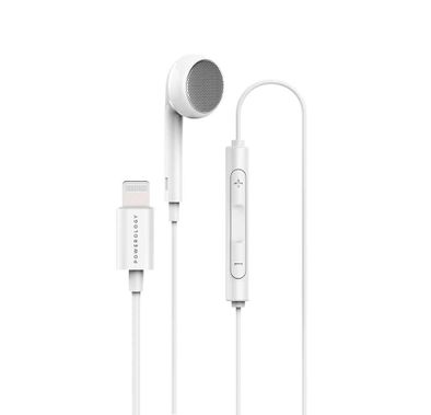 Powerology Single Mono Earphone with MFi Lightning Connector, Headphone Volume Control, Compatible with iPhone 13 mini/13/13 Pro/13Pro Max, New iPhones and iPads - White
