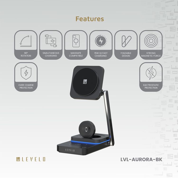 Levelo Aurora 3-in-1 Wireless Charger with Strong Magnetic Force, 90° Rotation, 15W Fast Charging, Auto Detecting Object, Overcharge Protection - Black