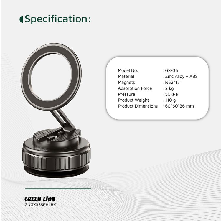 Green Lion GX-35 Suction Phone Holder with 360° Rotation, MagSafe Compatibility, N52×17 Magnets, 2kg Adsorption Force, Zinc Alloy Arm, 50kPa Pressure, Foldable Design - Black