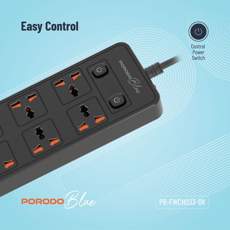 Porodo 6AC-Dual Switch Universal Power Strip with Premium Material, Power Switch Control, Safety Shutter, 13A Maximum Current - Black  