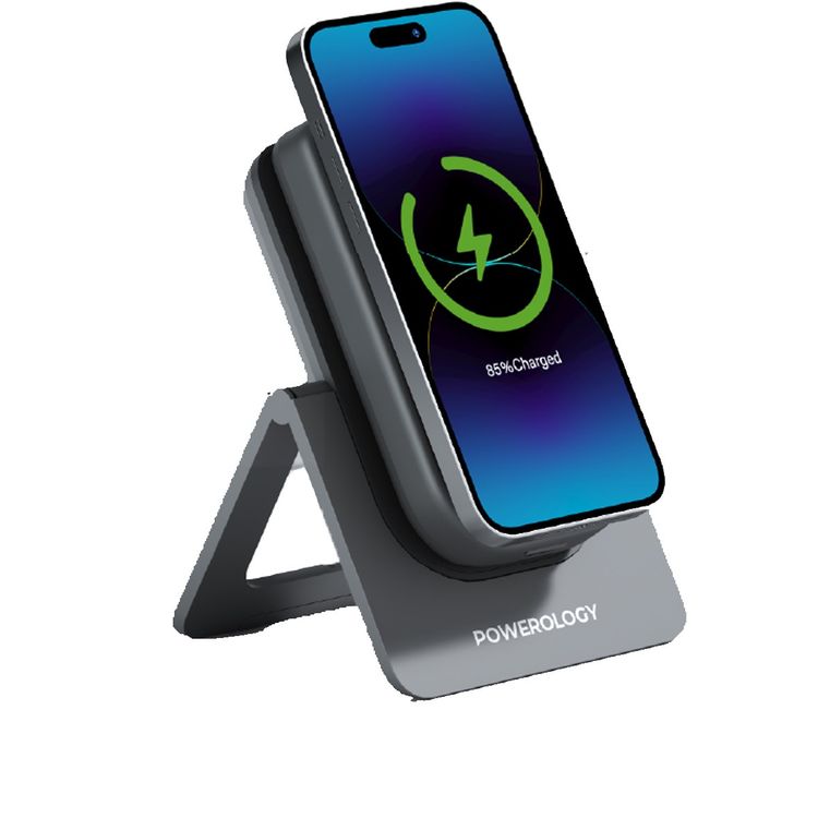بطارية Powerology Magsafe سعة 10000 مللي أمبير لي-بوليمر، مزيج 15 وات، بنك طاقة + حامل شحن، شحن لاسلكي، شحن سريع PD بقوة 20 وات - رمادي.