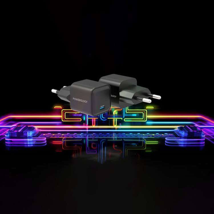 شاحن Powerology 35W Ultra-Quick GaN مع قابس الاتحاد الأوروبي، منفذ إخراج USB-C، شحن سريع، تصميم محمول ومضغوط، حماية مدمجة، مدخل 100-240 فولت - أسود