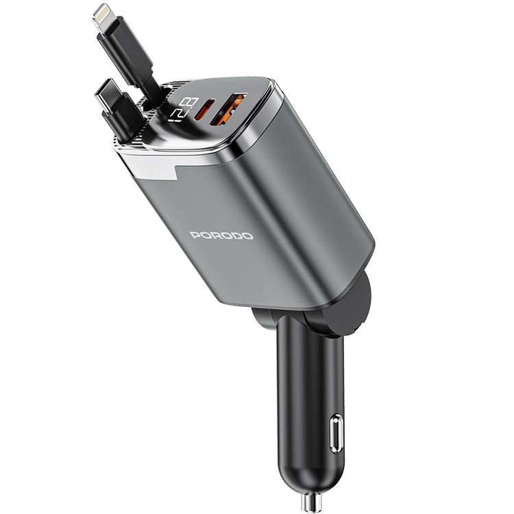 Porodo 45W Car Charger with Foldable Design, LED Voltage Display, 111W Maximum Output, Simultaneous Charging, Fast Charge Support, QC 36W, PD 45W, 80cm Type-C & Lightning Retractable Cables - Black