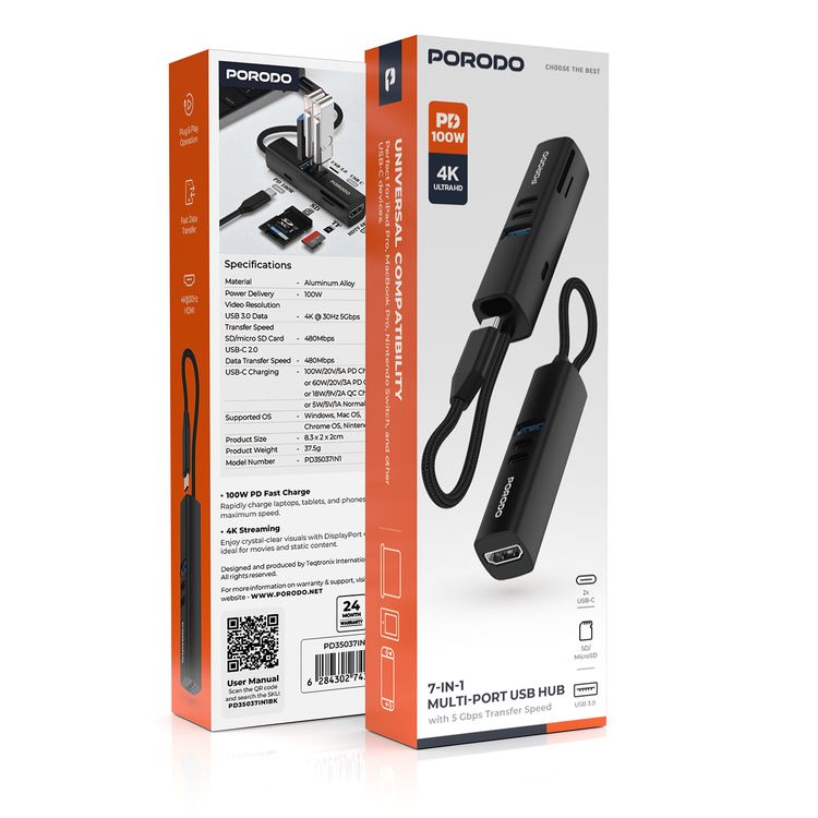 Porodo 7-in-1 Multi-Port USB Hub, 100W Power Delivery, Compatible with Windows, macOS, ChromeOS, Nintendo Switch, Fast Data Transfer, Aluminum Alloy Material, Plug & Play Operation - Black