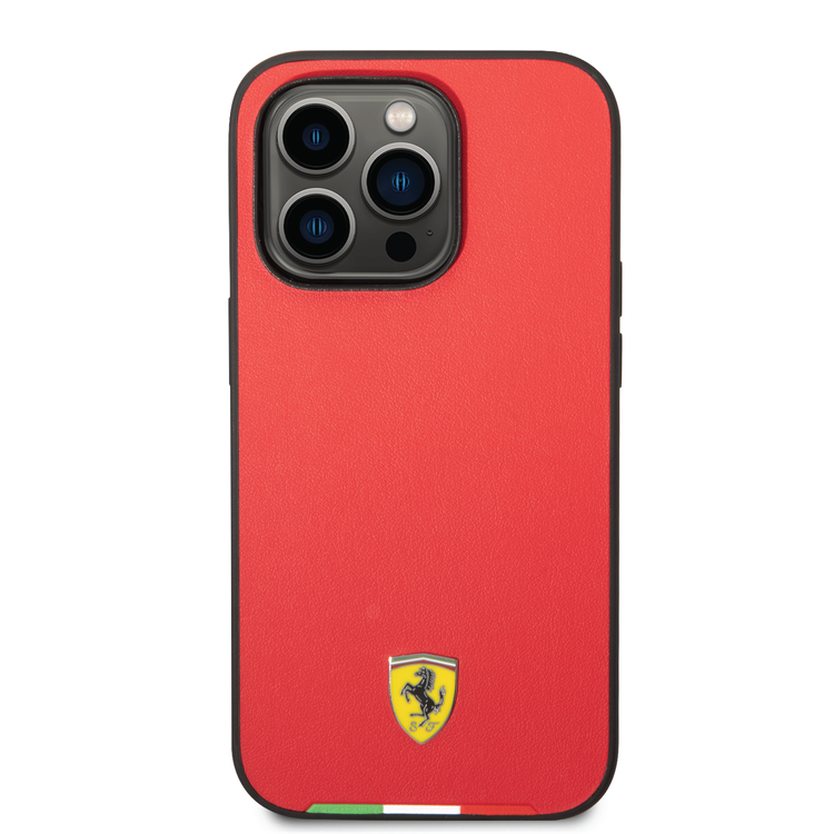 CG Ferrari Magsafe Compatibility Hard PU Smooth Case with Italian Flag Line & Metal Logo iPhone 14 Pro Compatibility - Red
