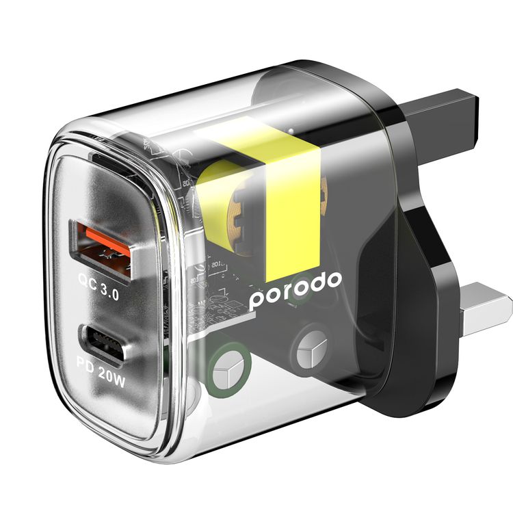 بورودو شاحن مزدوج وشفاف سريع USB-C PD وUSB-A QC مع كابل USB-C إلى Lightning في المملكة المتحدة 