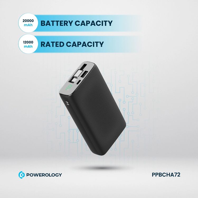 Powerology 20000mAh Power Bank, 35W Max Power, 70cm Retractable Type-C Cable, 3-Device Charging, USB-C Output & Input, 22.5W USB-A Output, Built-in Safeguards - Black