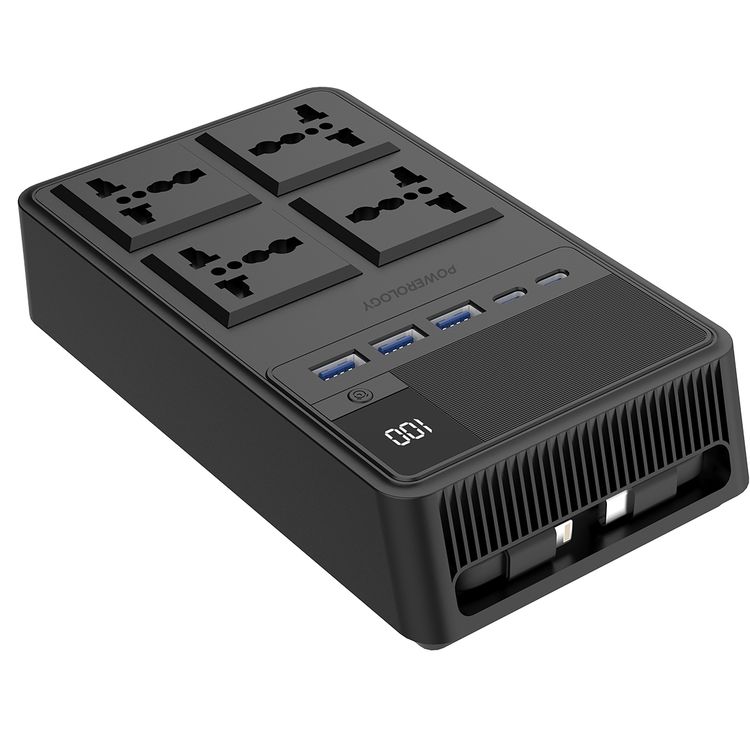 مشترك طاقة Powerology 2500 واط مع 4 مقابس تيار متردد وكابلات مدمجة قابلة للسحب، 5 منافذ USB، مخرجات USB-C وLightning، أدوات حماية مدمجة، مادة مقاومة للحريق، مؤقت 24 ساعة، شحن متزامن، طول الكابل 70 سم وطول سلك الطاقة 3 متر - أسود