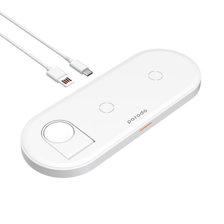 Porodo 4-in-1 Slim Charging Base with Built-in Foldable Watch Charger, Type-C Cable Included, Up to 10W Fast Wireless Charging, Overcharge & Overheat Protection -  White