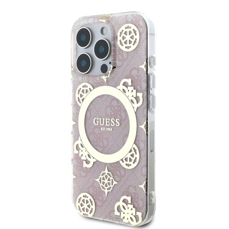 كفر حماية Magsafe IML 4G صلب بتصميم Guess مع زهرة الفاوانيا لهاتف iPhone 16 Pro، مصنوع من مادة عالية الجودة، خفيف الوزن، مريح وقبضة آمنة - وردي