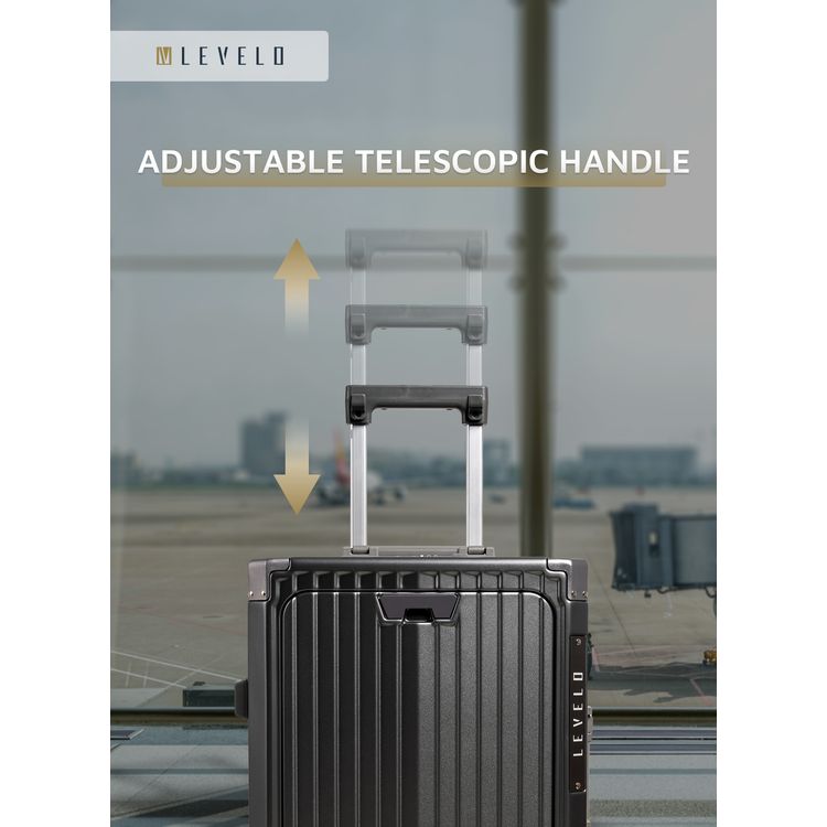 Levelo RoamRollers 20" Travel Luggage with Aluminum Body Material, USB-A & USB-C Output Ports, Metal Corner Protection, Front Pocket Compatible with Up to 15.6" Laptop, Phone and Cup Holder, Silent Spinner Wheels - Titanium Gray