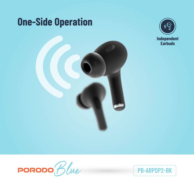 Porodo Blue Earbuds Pro 2 With Swipe Volume, 20 Hours Working Time, Wireless Charging, Deep Bass, Independent Earbuds, Touch Control - Black