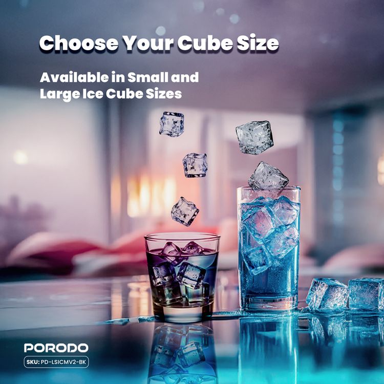 Porodo Lifestyle Portable Outdoor Ice Cube Machine with 2.2L Water Storage Capacity, 8 Minutes Ice Making Time, Small & Large Ice Cubes Maker - Black