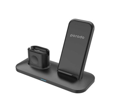 Porodo 3 in 1 Type-C Charging Station 7.5W/10W Compatible for iPhone / Apple Watch / AirPods - Qi Fast Wireless Charging Hub w/ Magnetic Watch Charger - Rubberized Surface - Black