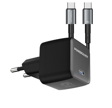 Powerology QX 45W Pocket-Sized GaN Adapter with Safety Protections, 1m USB-C to USB-C Cable Included, USB-C Port, Ultra-Compact Design, EU 2-Pin Plug, PD 45W - Black / Gray