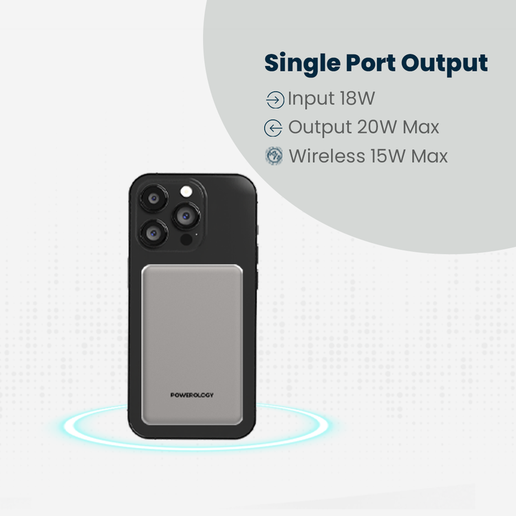 Powerology 10000mAh MagSafe Aluminum Power Bank with Battery Level Indicator, Lightweight & Compact Design, Fast & Simultaneous Charging, Type-C Input & Output, 15W Wireless Output - Desert Titanium