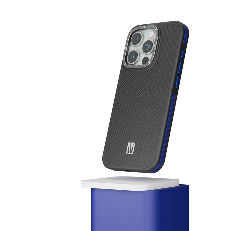 جراب Levelo Ox Carbon لهاتف iPhone 15 Pro، متوافق مع MagSafe، زوايا معززة مع واقي هواء، حواف مقاومة للصدمات، مقاومة للخدش 3H، إطار كاميرا مرتفع - أزرق
