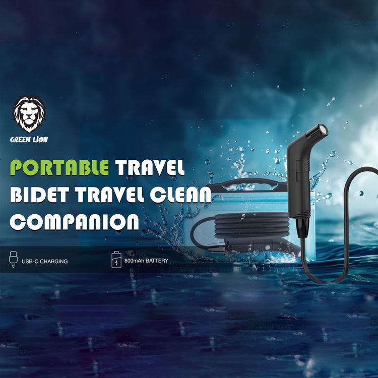 بيديه سفر محمول من Green Lion، حاوية مياه سعة 2.3 لتر، خرطوم بطول 1.2 متر، سعة بطارية 800 مللي أمبير، مقاوم للماء IPX6 - أسود