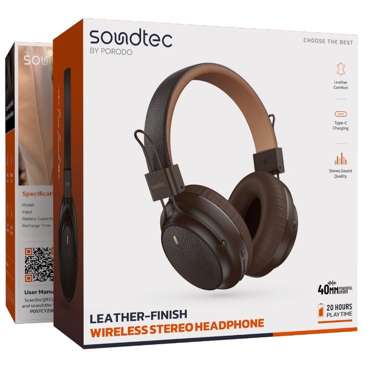Porodo Wireless Stereo Headphones with Leather-Finish, 40mm Speaker Diameter, Up to 20 Hours Play Time, 10m Transmission Distance, 180 Hours Standby Time, TF Card Support, Stereo Sound Quality - Brown