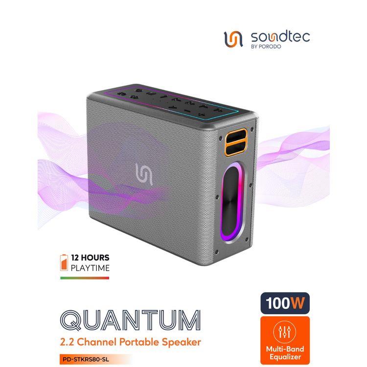 مكبر صوت محمول بورودو ساوندتيك كوانتم 2.2 قناة، وقت تشغيل يصل إلى 12 ساعة، بلوتوث الإصدار 5.0، كابل صوت 3.5 مم، وظيفة بنك الطاقة، مقاوم للماء - فضي