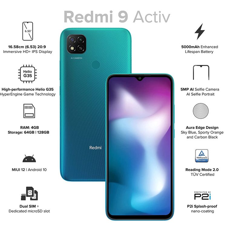 Redmi 9 Activ Dual Sim 4GB RAM 64 GB 4G LTE, 13+2 MP Dual Rear camera with AI portrait| 5 MP front camera Coral Green