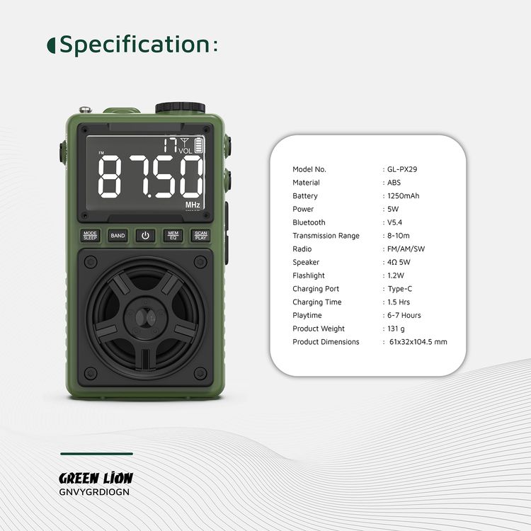 Green Lion Voyager Portable Radio with Bluetooth Speaker, 1.2W Flashlight, 6-7 Hours Playtime, 8-10m Transmission Range, Auto-Scan Mode, Lock & Sleep Function, 1.5 Hours Charging Time - Green