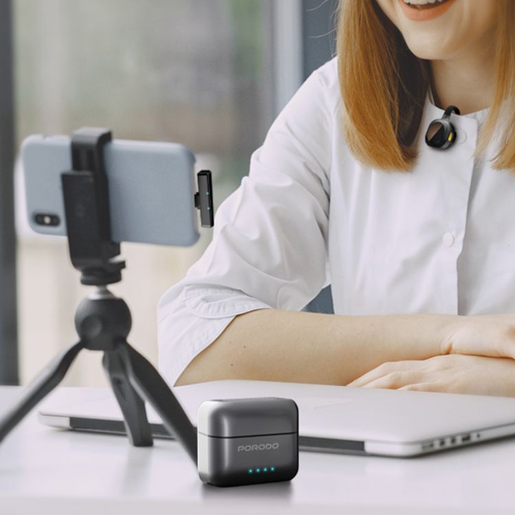 Porodo Movo Lavalier Dual Microphones with Type-C Connector, Precise Reverb, 1 Hour Charging Time, Up to 5 Hours Working Time, 650mAh Case Battery Capacity, 55mAh Microphone Battery Capacity, 15-20m Transmission Distance, Crystal Clear Audio, Auto Pairing Technology, Instant Wireless Setup - Black