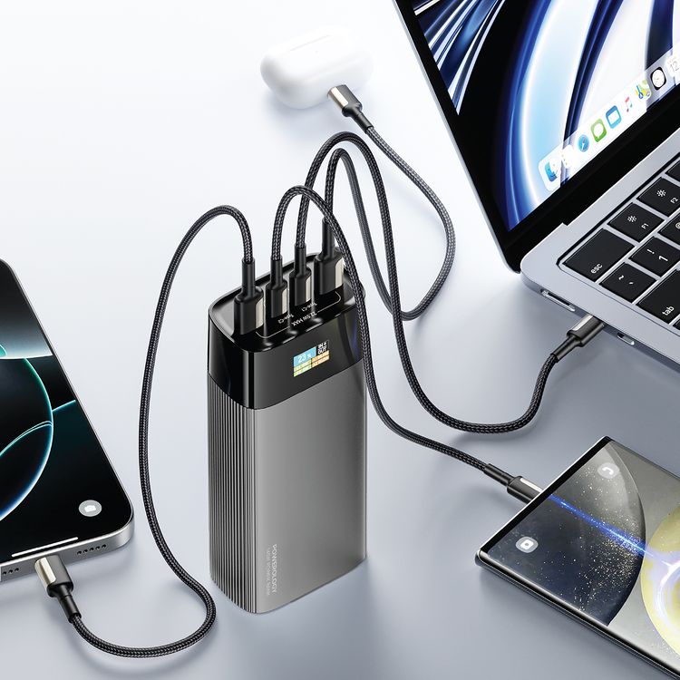 Powerology VoltEdge 40000mAh Power Bank with Smart Info Display, Multi-Device Charging, Ultra-Fast Charging, Built-in Safeguards, 2×USB-A & 2×USB-C Ports - Gray  