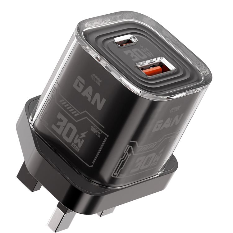 Porodo TEZCLARTÉ Quick Wall Charger with Dual Port Fast Charging, Flame Retardant Housing, Transparent Design, PD 30W USB-C Output, QC 20W USB-A Output - Black 