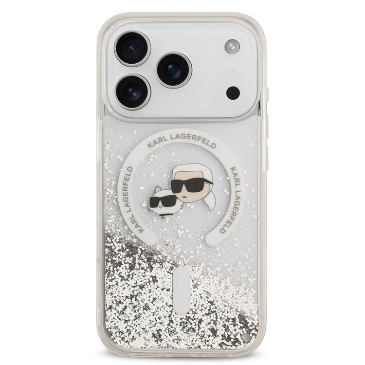 Karl Lagerfeld MagSafe Liquid Glitter Case with Karl & Choupette Heads for iPhone 17 Pro Max, Drop Protection, Comfortable Grip, Slim Profile & Lightweight Design, Sustainable Packaging, Easy Snap-On - Transparent