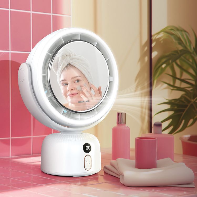 مرآة المكياج من جرين ليون مع مروحة، 5 مستويات لسرعة المروحة و3 أوضاع للإضاءة، حتى 11 ساعة من وقت العمل، منفذ شحن USB-C، دوران قابل للتعديل، شاشة رقمية، قاعدة مانعة للانزلاق، 51 ضوء LED، بطارية بسعة 5400 مللي أمبير - أبيض