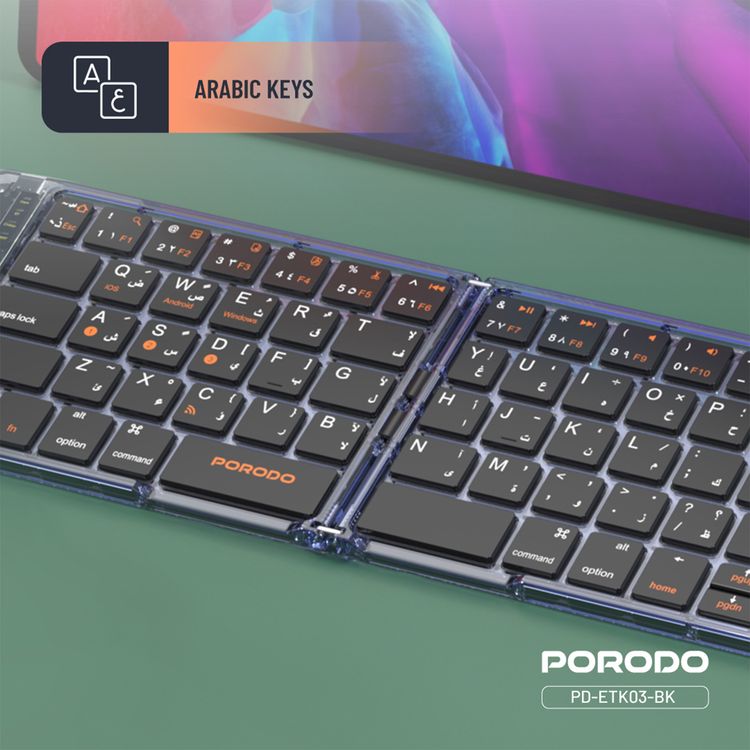 Porodo Crystal Shell Wireless Keyboard, Transparent, Bluetooth Connection, Foldable, 65 Keys + Arabic Layout, 80mAh Lithium Battery, Scissor Key Switches, Compatible with Windows, iOS, Android, Mac - Black