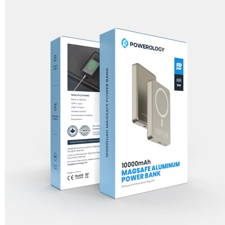 بنك الطاقة Powerology MagSafe من الألومنيوم بقدرة 10000 مللي أمبير في الساعة مع مؤشر لمستوى البطارية، تصميم خفيف الوزن وصغير الحجم، شحن سريع ومتزامن، مدخل ومخرج من النوع C، مخرج لاسلكي 15 وات - التيتانيوم