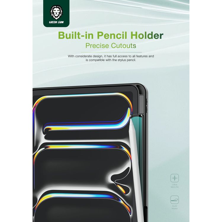 Green Lion Hogo Premium Case with Pencil Holder for iPad Pro 13", Ultra Slim Fit, Stable Tri-Fold Stand, Built-in Pencil Holder, Magnetic Smart Cover, Auto Sleep/Wake - Black