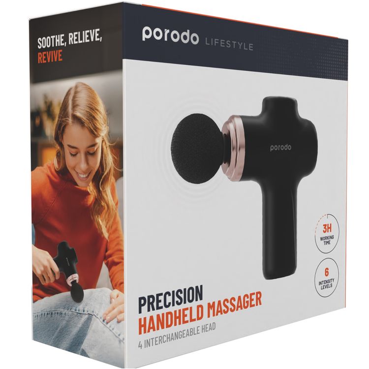 Porodo Lifestyle Precision Handheld Massager with 4 Interchangeable Heads, Up to 120 Minutes Working Time, 2 Hours Charging Time, Type-C Charging Port, 1500 mAh Battery Capacity, 15 W Rated Power, 6 Intensity Levels - Black
